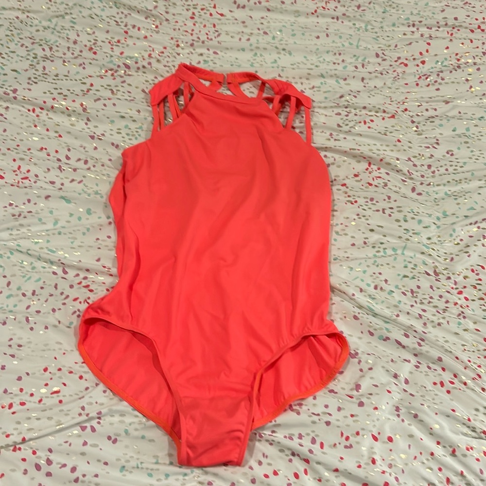 coral shoulder cutout leotard